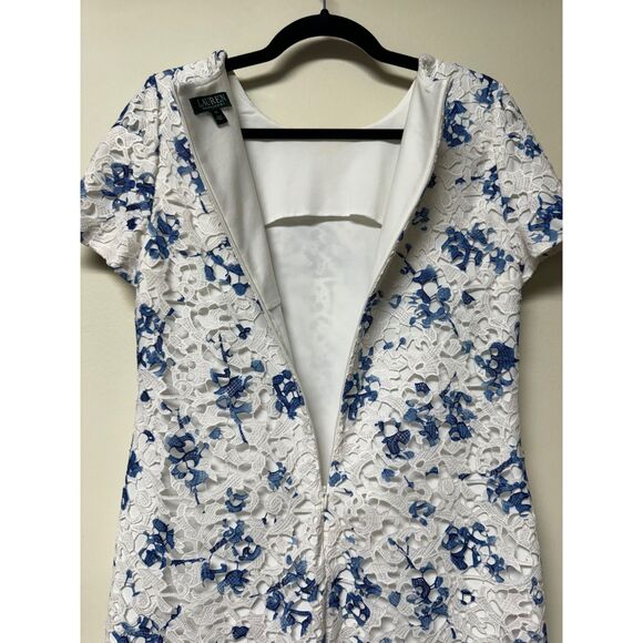 LAUREN RALPH LAUREN White/Blue Mulberry Floral Lace Sheath Midi Dress, Sz 10 - Picture 8 of 13